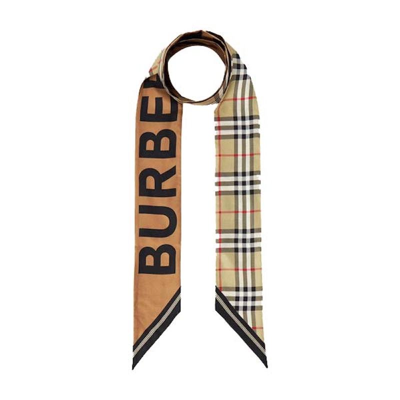 Burberry (W) Vintage Check Logo Print Silk Skinny Scarf Archive Beige