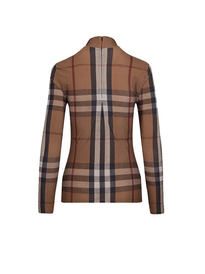 Burberry Woman Stretch Jersey with Tartan Motif Top Brown