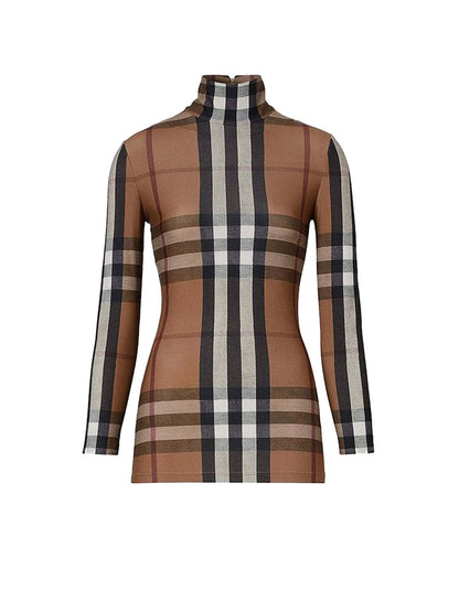 Burberry Woman Stretch Jersey with Tartan Motif Top Brown