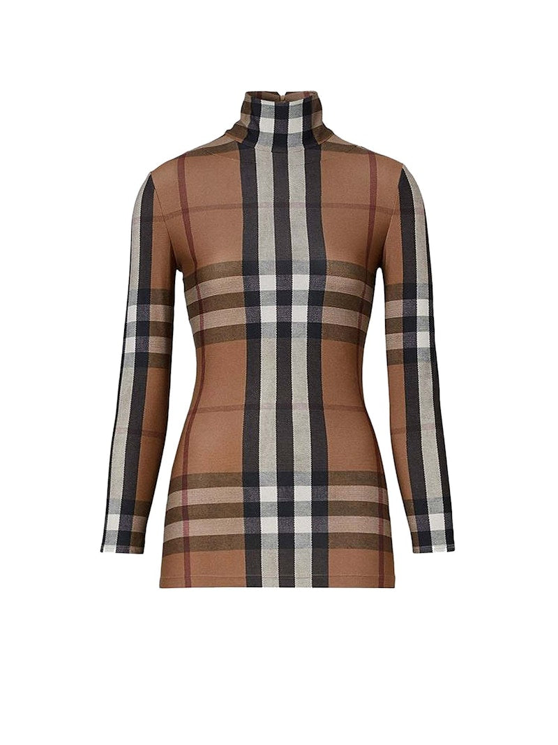 Burberry Woman Stretch Jersey with Tartan Motif Top Brown