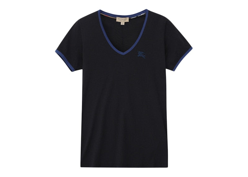 Burberry Women's Embroidered Monogram EKD V Neck T-shirt Black/Navy
