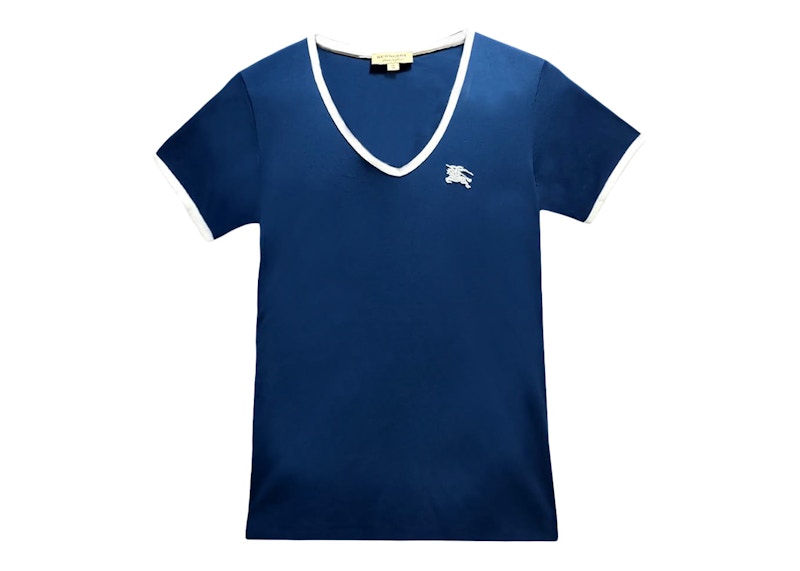 Burberry Women's Embroidered Monogram EKD V Neck T-shirt Blue/White