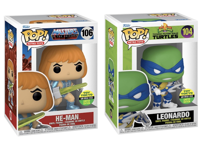 Funko Pop! Retro Toys Masters of the Universe He-Man Figure #106 & Power Rangers x Teenage Mutant Ninja Turtles Leonardo Figure #104 Toy Tokyo 2022 SDCC Exclusive Bundle