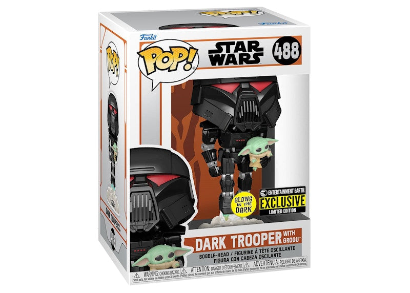 Funko Pop! Star Wars The Mandalorian Dark Trooper With Grogu GITD Entertainment Earth Exclusive Figure #488