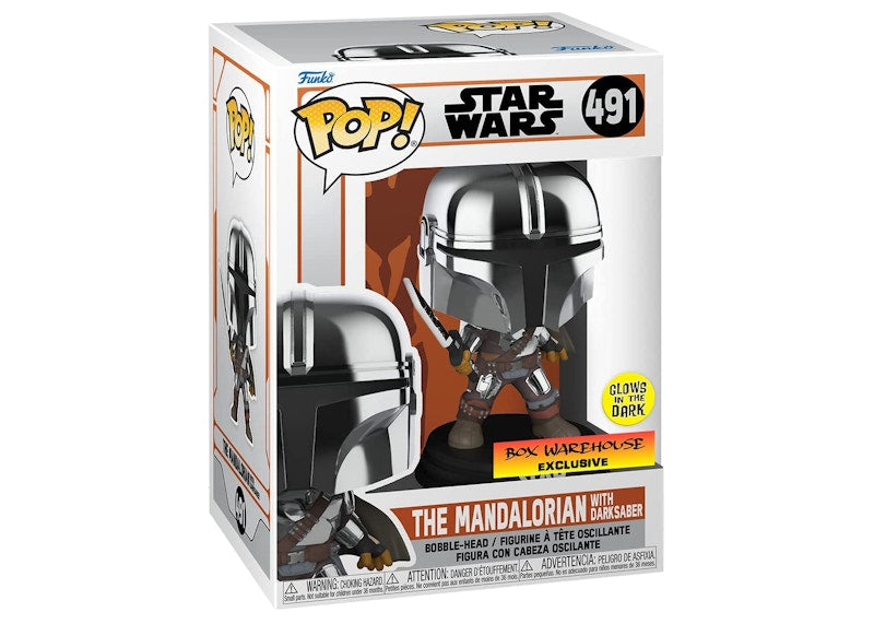 Funko Pop! Star Wars The Mandalorian With Darksaber GITD Box Warehouse Exclusive Figure #491