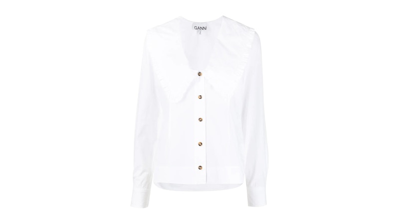 Ganni Cotton Poplin V-Neck Shirt White