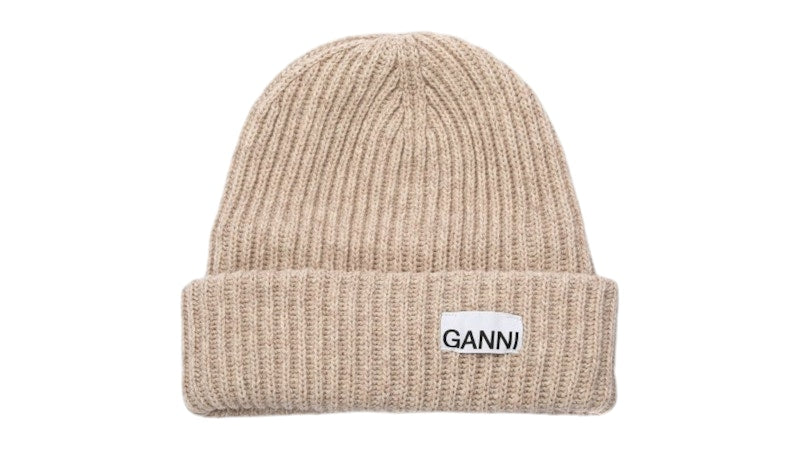 Ganni Ribbed Recycled Wool Beanie Brazilian Sand