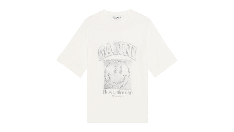 Ganni Womens Smiley O-neck Mid Sleeve Light Cotton Jersey T-shirt White