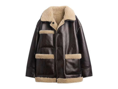 Gap x Sandy Liang Women's Reversible Vegan Leather Sherpa Jacket Dark Brown