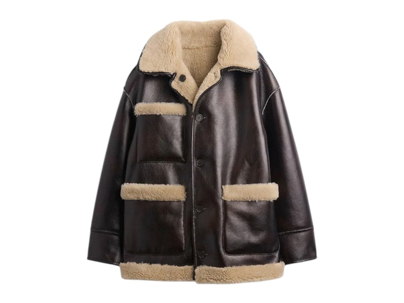 Gap x Sandy Liang Women's Reversible Vegan Leather Sherpa Jacket Dark Brown