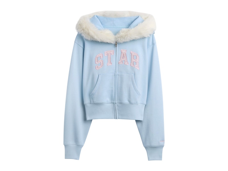 Gap x Sandy Liang Women's Vegan Fur-Trim Crop Zip Hoodie Harbour Blue