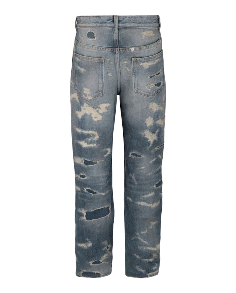 Givenchy Distressed Patchwork Straight-Leg Jeans Medium Blue