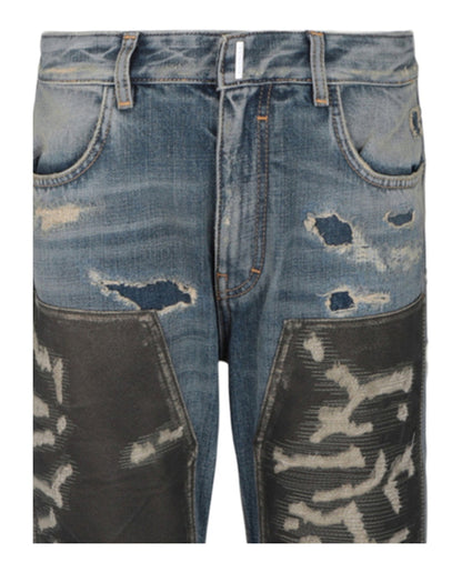 Givenchy Distressed Patchwork Straight-Leg Jeans Medium Blue