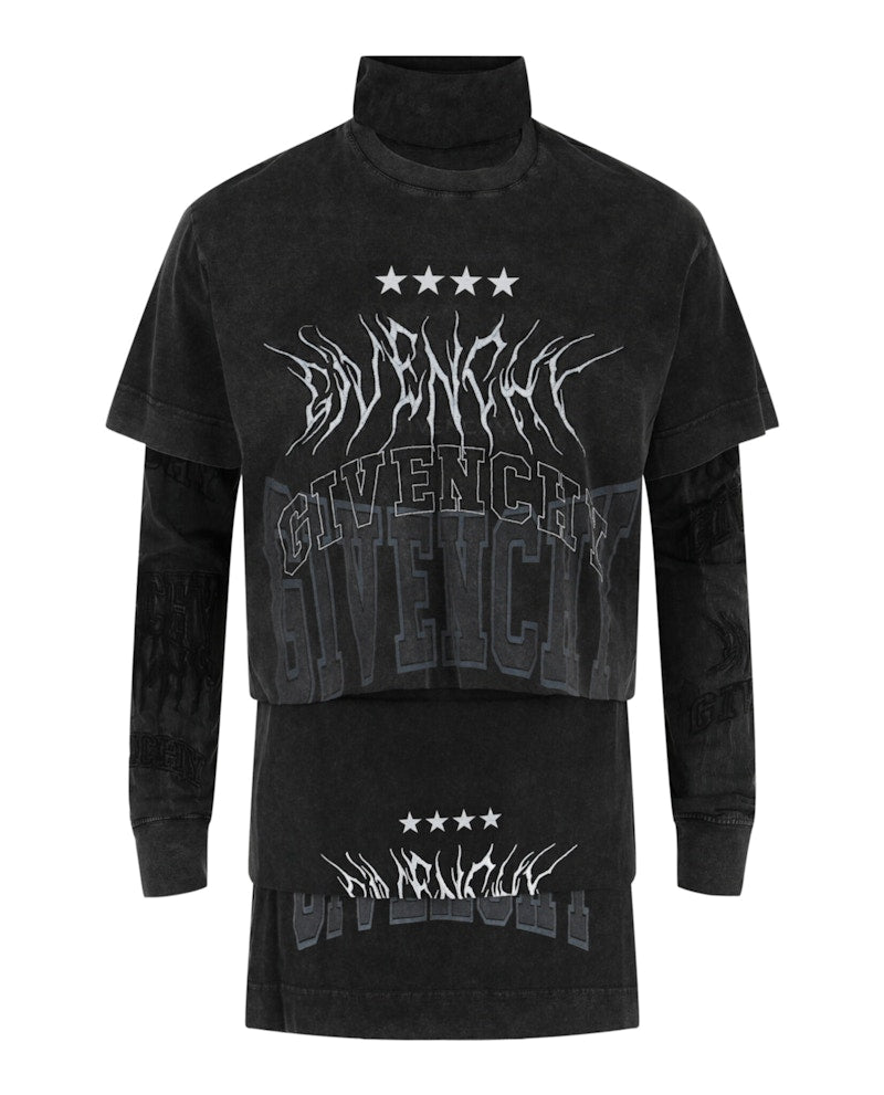 Givenchy Layered Long Sleeve Graphic T-shirt with Balaclava Grey