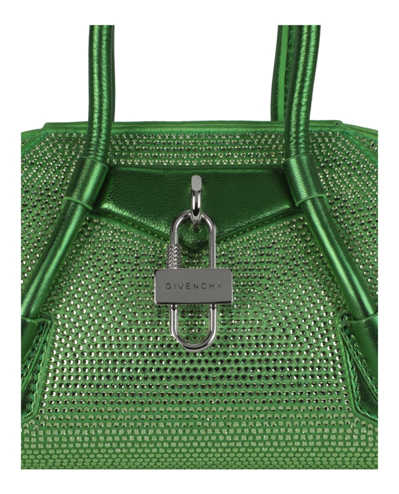 Givenchy Mini Antigona Stretch Top Handle Bag In Satin With Strass Absynthe Green
