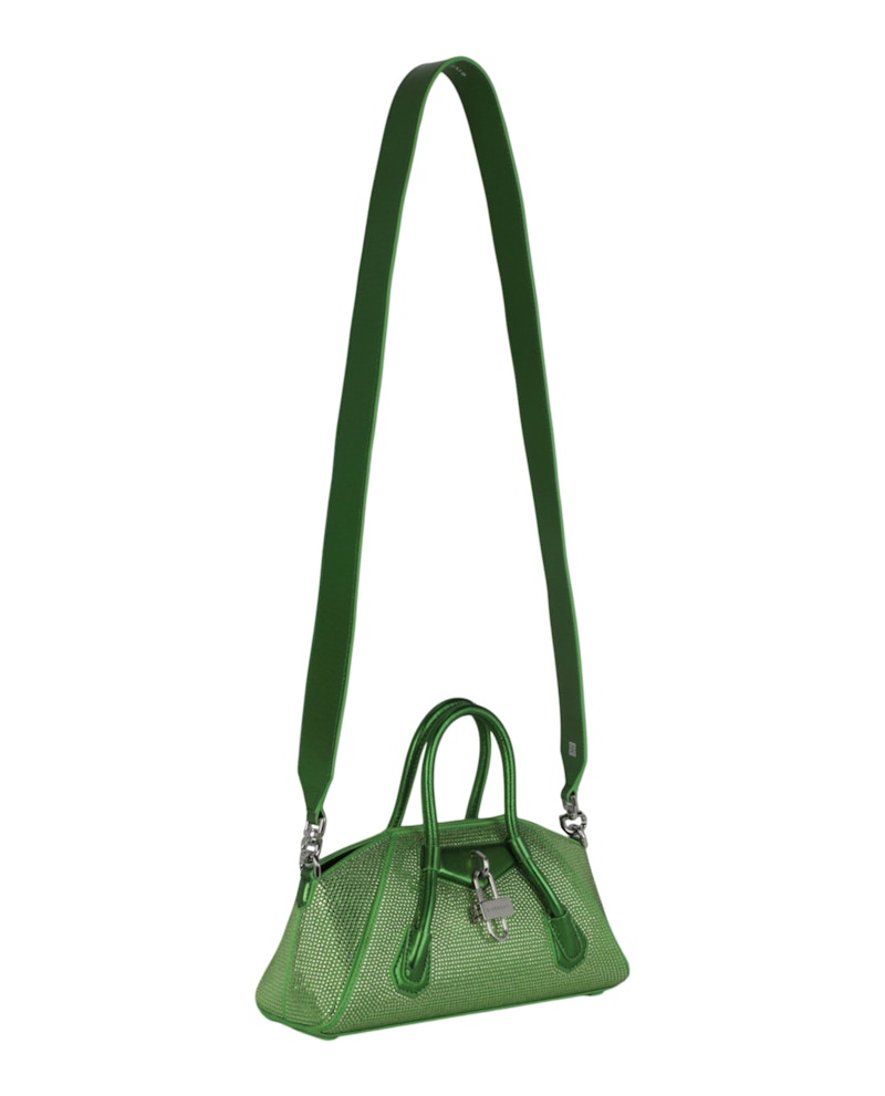 Givenchy Mini Antigona Stretch Top Handle Bag In Satin With Strass Absynthe Green
