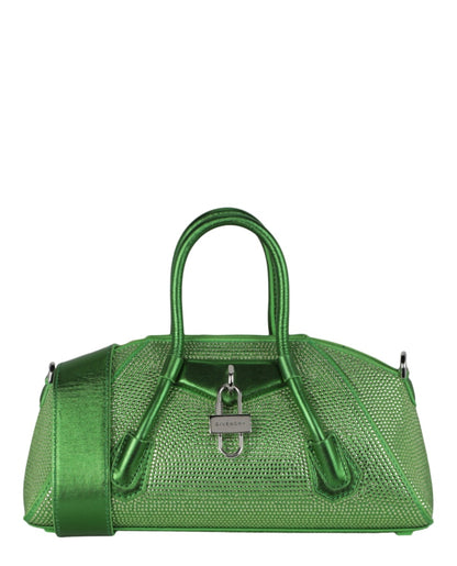 Givenchy Mini Antigona Stretch Top Handle Bag In Satin With Strass Absynthe Green