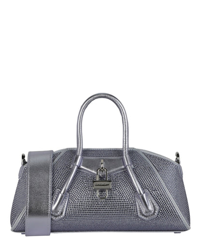 Givenchy Mini Antigona Stretch Top Handle Bag In Satin With Strass Lavender