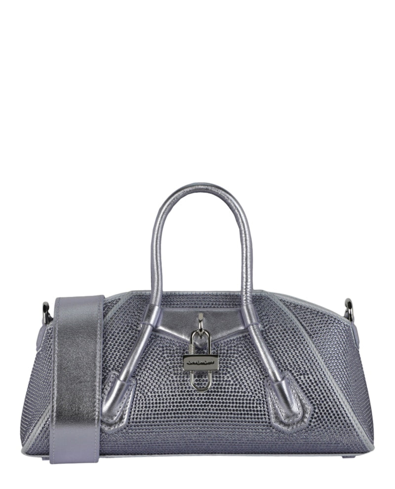 Givenchy Mini Antigona Stretch Top Handle Bag In Satin With Strass Lavender