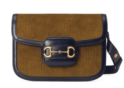 Gucci 1955 Horsebit Shoulder Bag Small Corduroy Brown/Blue