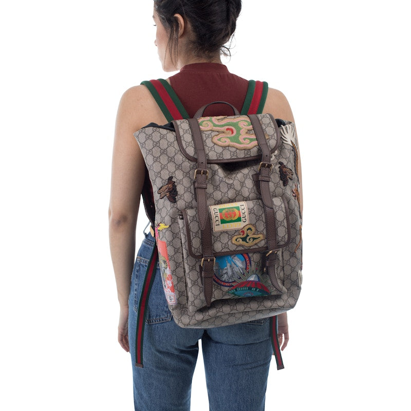Gucci Courrier Soft Backpack GG Supreme Embroidered Patches Beige/Ebony/Multicolor