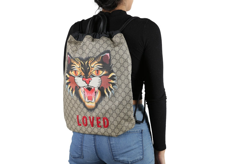 Gucci GG Supreme Soft Drawstring Backpack Angry Cat Print Beige/Black