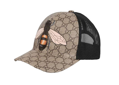 Gucci Bee Print GG Supreme Velcro Strap Baseball Cap Ebony/Beige/Black