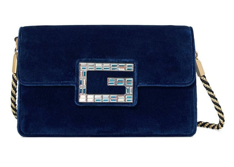 Gucci Broadway Shoulder Bag Velvet Jeweled G Blue