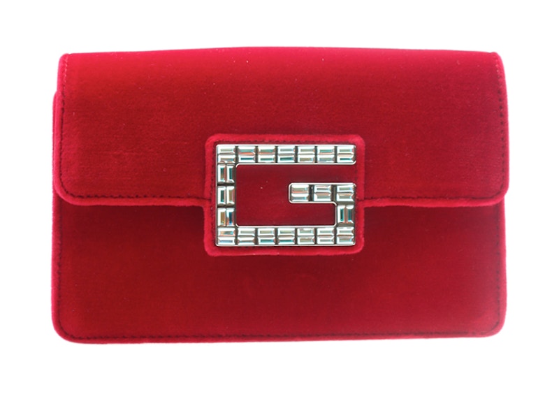 Gucci Broadway Shoulder Bag Velvet Jeweled G Red