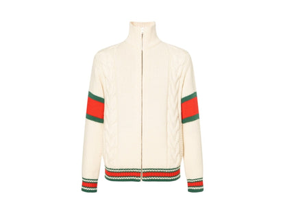 Gucci Cable Knit Bomber Jacket Beige Red White