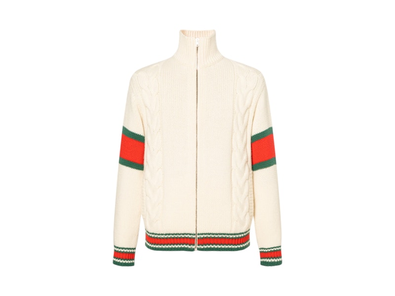 Gucci Cable Knit Bomber Jacket Beige Red White