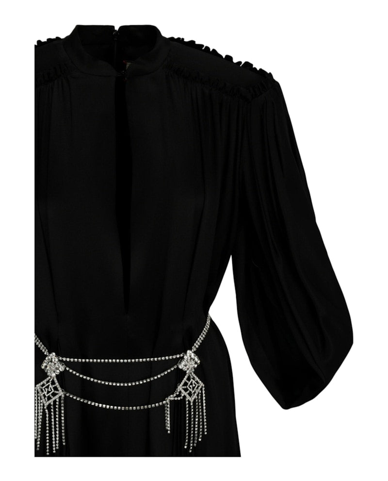 Gucci Cape Sleeve Open Front Crystal-Embellished Belted Gown Black