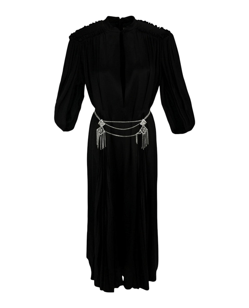 Gucci Cape Sleeve Open Front Crystal-Embellished Belted Gown Black
