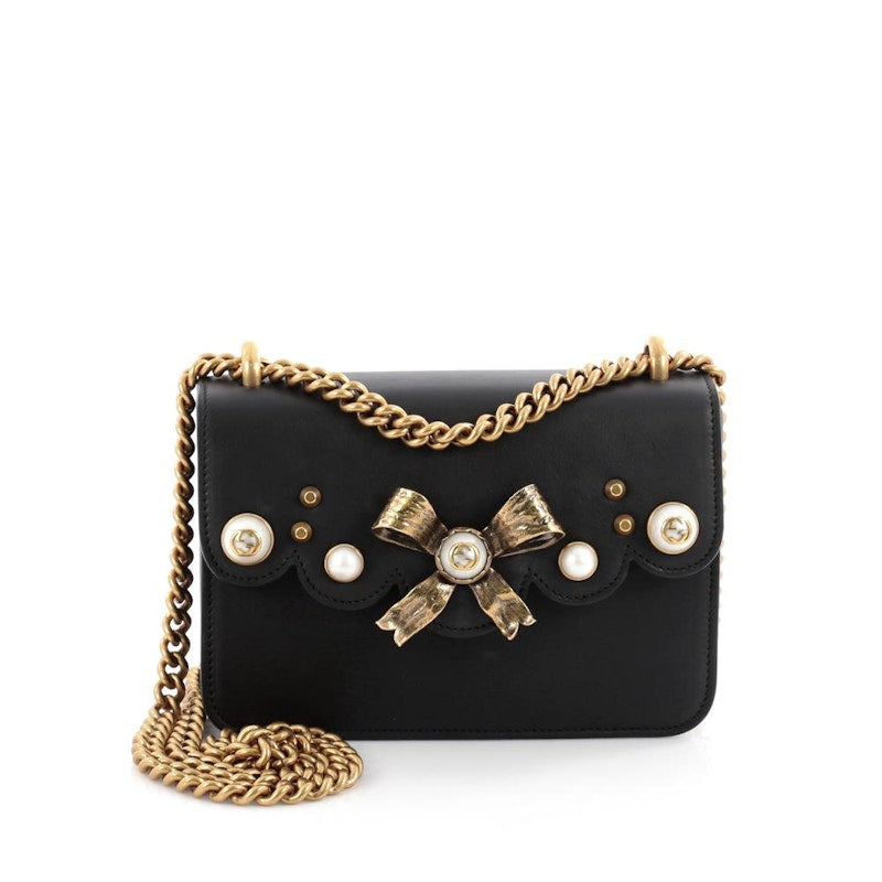 Gucci Peony Chain Shoulder GG Gold Bow Accent/ Faux Pearl/ GG Logo Small Black