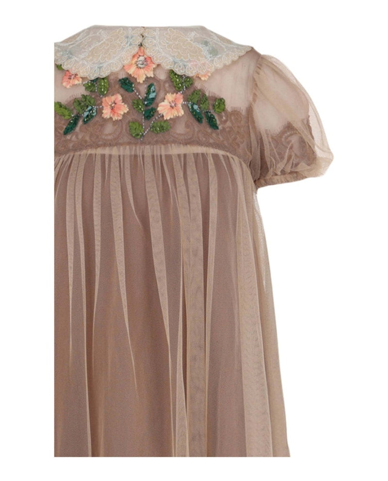 Gucci Crystal-Embellished Lace Babydoll Dress Beige