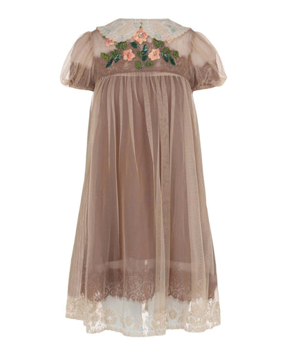 Gucci Crystal-Embellished Lace Babydoll Dress Beige