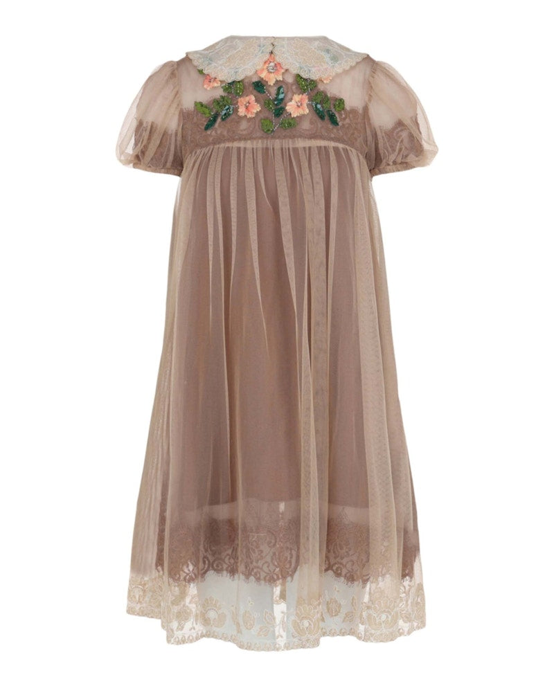 Gucci Crystal-Embellished Lace Babydoll Dress Beige