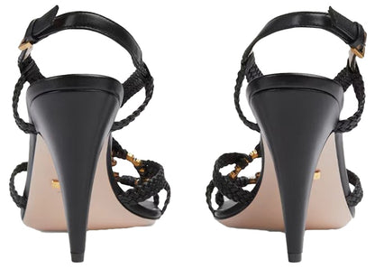 Gucci Crystal Interlocking G Heeled Sandals Black Braided Leather