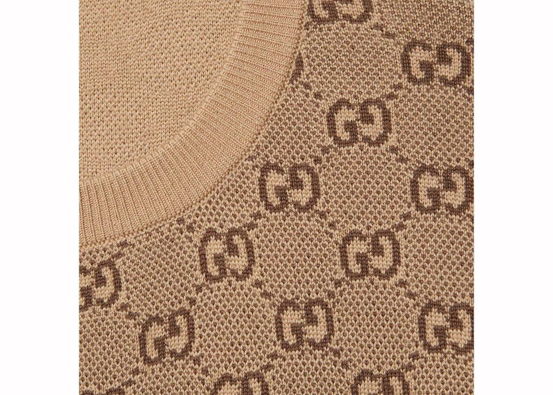 Gucci Crystals Embroidered Wool GG Jacquard Cardigan Beige/Dark Brown