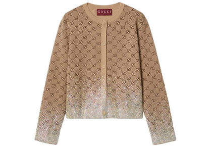 Gucci Crystals Embroidered Wool GG Jacquard Cardigan Beige/Dark Brown
