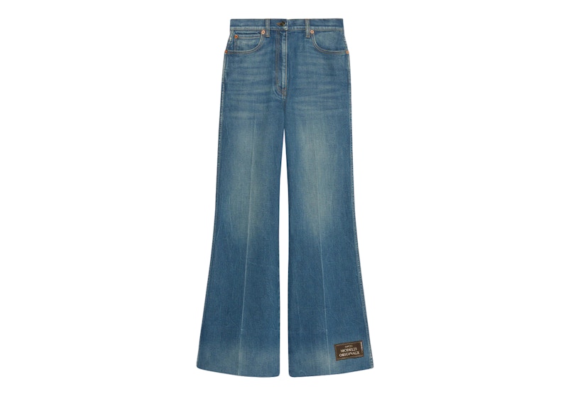 Gucci Denim Flare Gucci Label Pants Dark Blue Washed