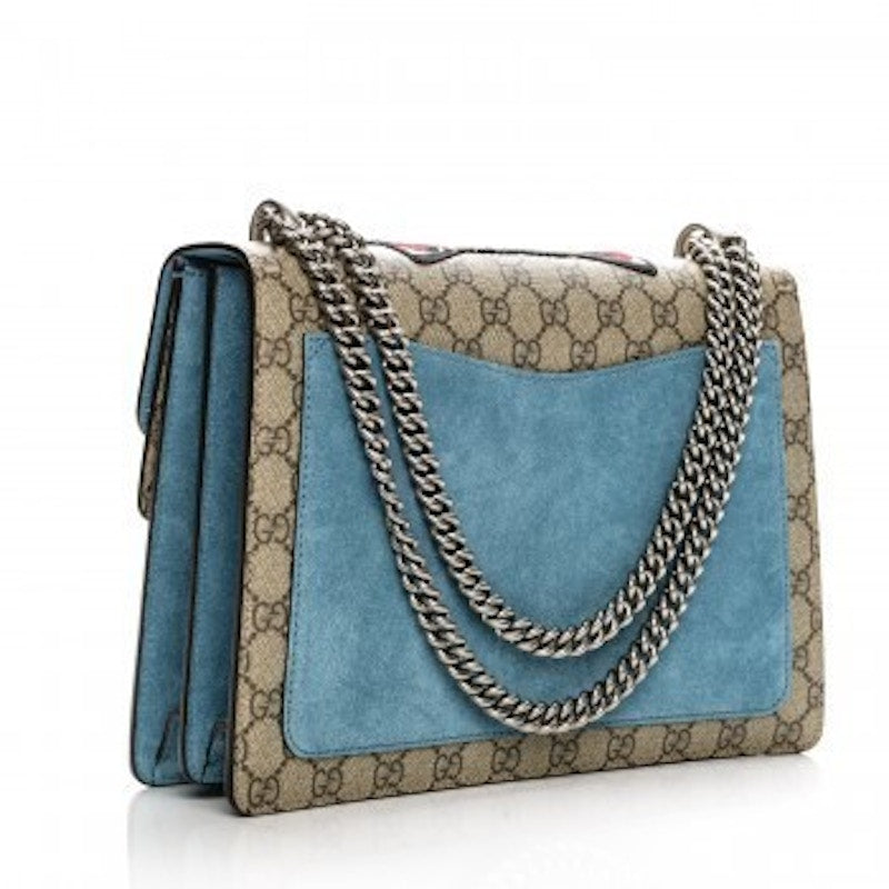 Gucci Dionysus Shoulder Bag GG Supreme Monogram Embroidered Angry Cat Medium Light Blue