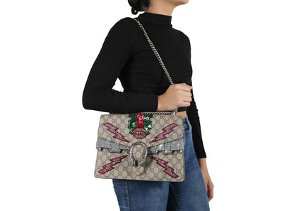 Gucci Dionysus Shoulder Bag GG Supreme Embroidered Medium Brown