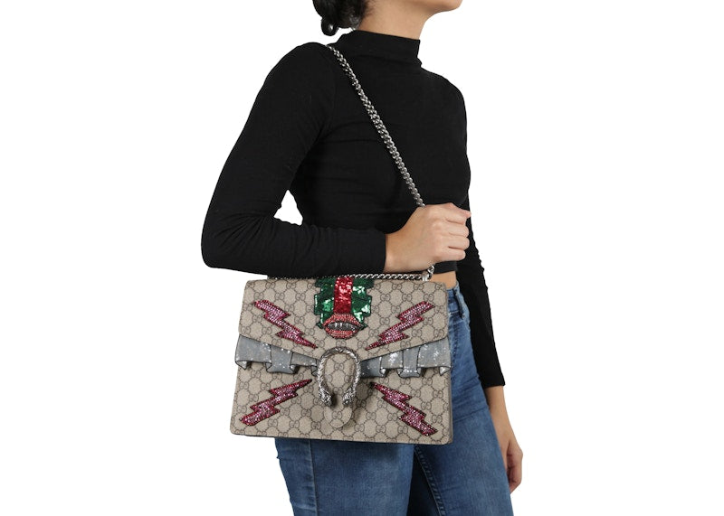 Gucci Dionysus Shoulder Bag GG Supreme Embroidered Medium Brown