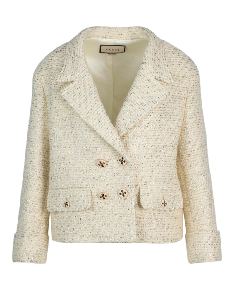 Gucci Double Breasted Tweed Jacket White