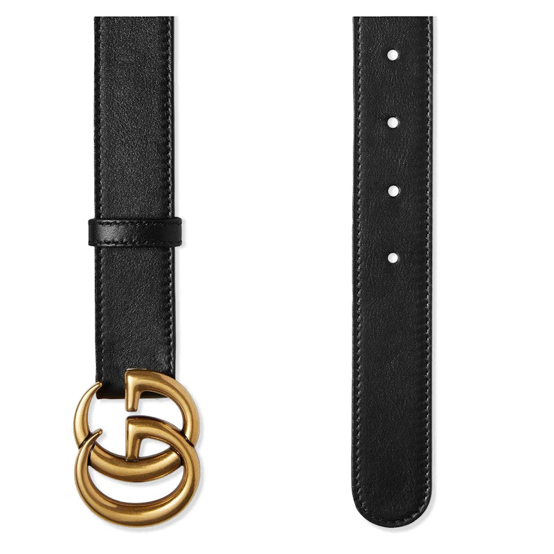 Gucci Double G Leather Belt Antique Brass Buckle 1 Width Black 414516