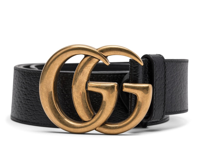 Gucci Double G Textured Leather Belt Antique Brass Buckle 1.5 Width Black 406831