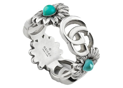 Gucci Double G Flower Ring Blue Topaz Stones Silver