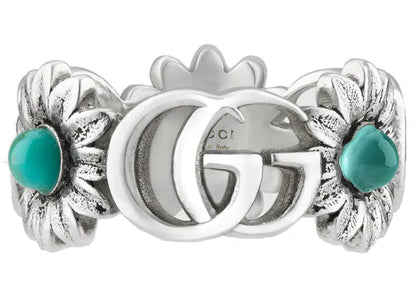 Gucci Double G Flower Ring Blue Topaz Stones Silver