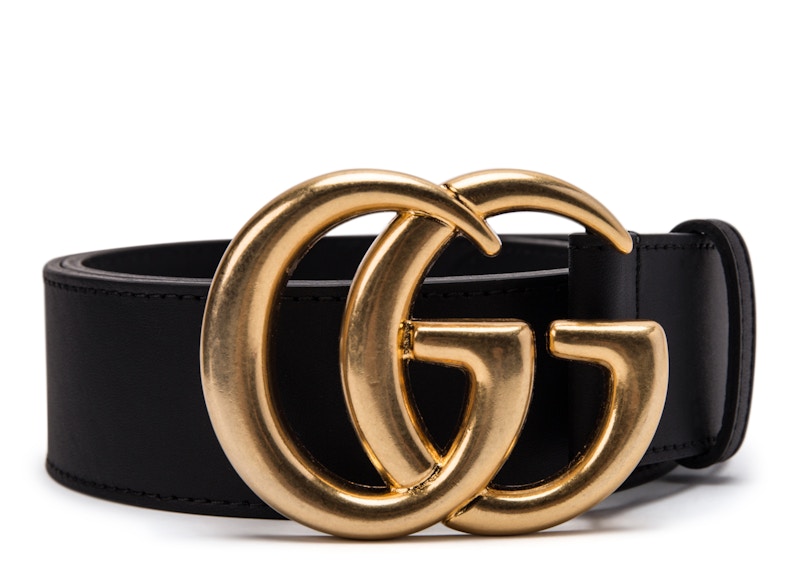 Gucci Double G Wide Leather Belt Antique Brass Buckle 1.5 Width Black